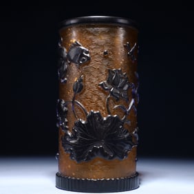 An Exquisite Glass Lotus Fish Pattern Brush Pot