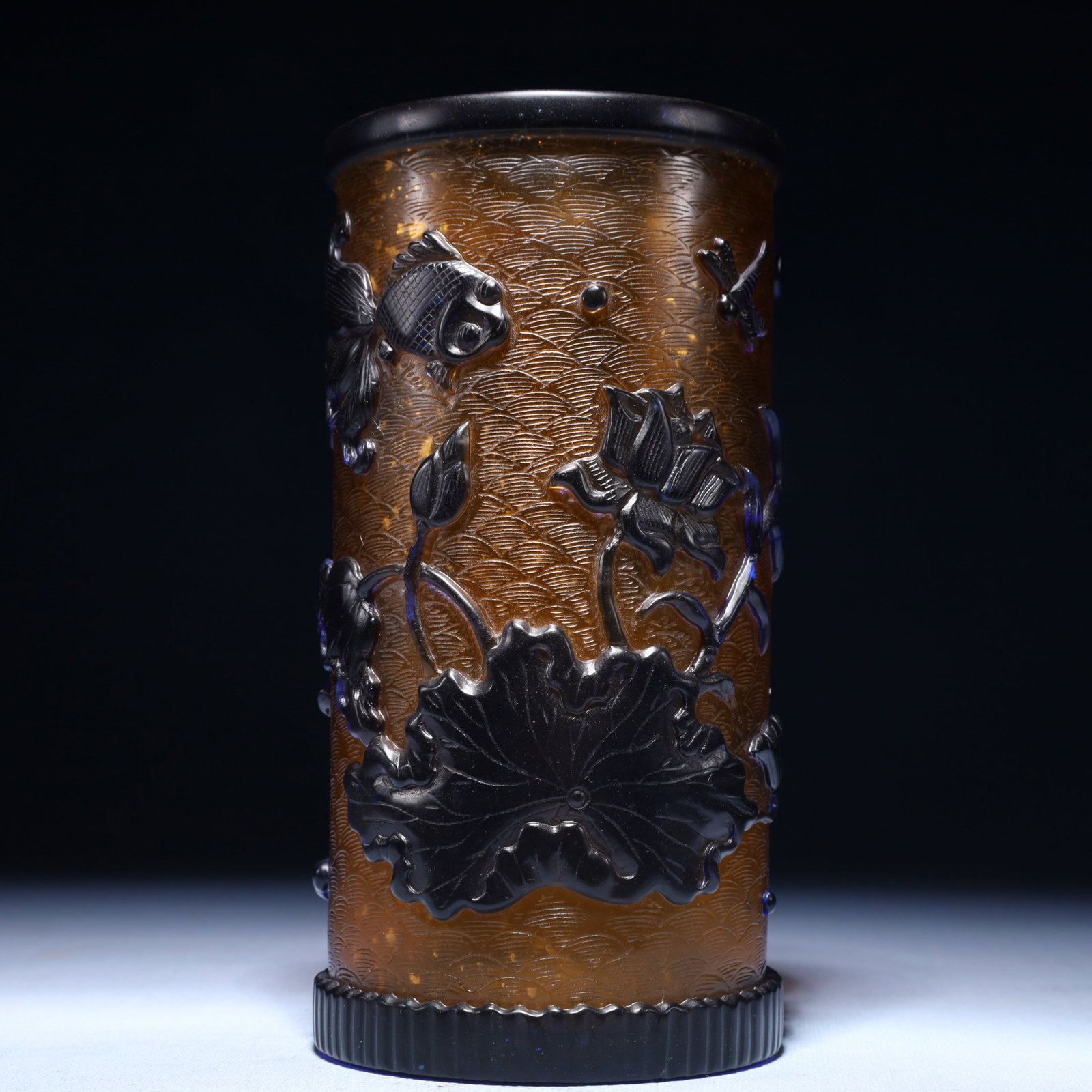An Exquisite Glass Lotus Fish Pattern Brush Pot: An Exquisite Glass Lotus Fish Pattern Brush Pot,Qing Dynasty,China,Qianlong Four-character Mark,Size:4.1inx7.9in,Weight:1200g 琉璃莲花鱼纹笔筒,中&