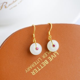 A Pair of Exquisite Sterling Silver-Gold Plated Inlaid White Jade Earrings