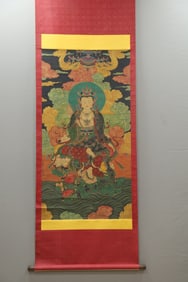 A Chinese Vertical Scroll Ink Painting of Buddha Statue on Silk,Wu Bin