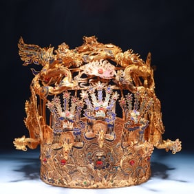 An Exquisite Filigree and Gilding Dragon and Phoenix Pattern Coronet Ornament,Inlaid Gems