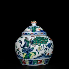 An Exquisite Doucai Peony and Peacock PatternCover Jar
