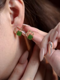 A Pair of Exquisite Sterling Silver-Gold Plated Inlaid Jasper Earrings, Inlaid Diamond