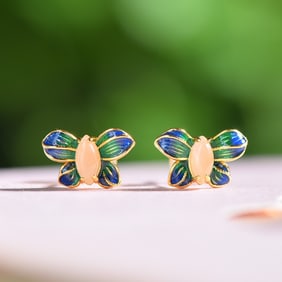 A Pair of Exquisite Sterling Silver-Gold Plated Inlaid White Jade Enamel Earrings