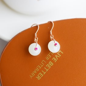 A Pair of Exquisite Sterling Silver-Gold Plated Inlaid White Jade Earrings