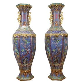 A Pair of Huge Cloisonne Flower and Bird Pattern Dragon-Ears Vases