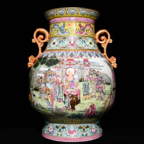 A Huge Famille-Rose Painted Gold Character and Story Pattern Double-Ears Vase