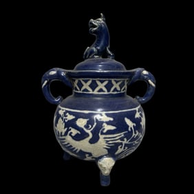 An Exquisite Ji Blue Glazed Lotus and Phoenix Pattern Elephant-Ears Tripod Censer,With Beast Cover