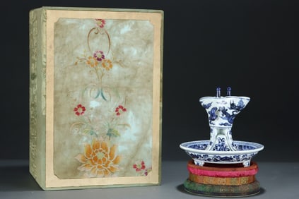 An Exquisite Blue and White Seawater Dragon Pattern Double-Ears Tripod Goblet,With Tray