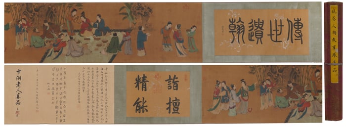 A Chinese Hand Scroll Ink Painting of Character and Story on Silk