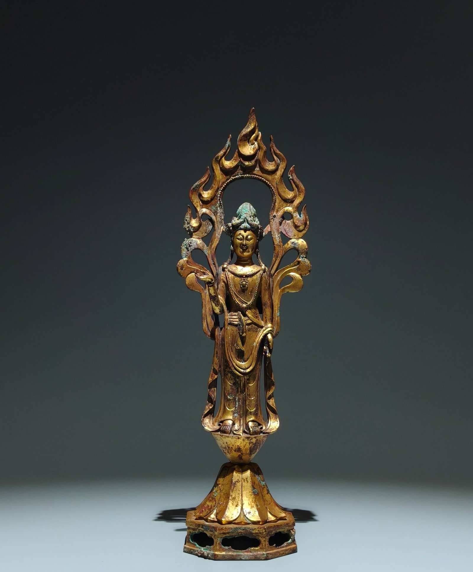 A Solemn Gilt Bronze Statue of Bodhisattva: A Solemn Gilt Bronze Statue of Bodhisattva,Tang Dynasty,China,Size:14.8inx4.7inx3.5in 铜鎏金菩萨像,中国唐代
