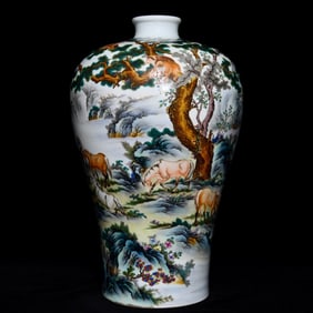 A Rare Famille-Rose Pine and Horse Pattern Vase
