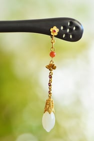 An Exquisite Sterling Silver-Gold Plated Inlaid White Jade Ebony Hairpin,Inlaid Diamond