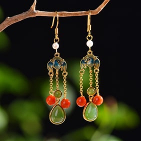 A Pair of Exquisite Sterling Silver-Gold Plated Inlaid Jasper Enamel Earrings,Inlaid Agate