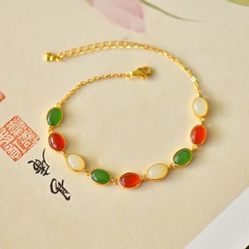 An Exquisite Sterling Silver-Gold Plated Inlaid Jasper Bracelets,Inlaid White Jade with Agate