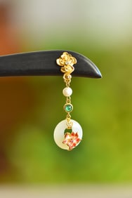 An Exquisite Sterling Silver-Gold Plated Inlaid White Jade Enamel Ebony Hairpin,Inlaid Pearls