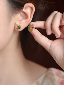 A Pair of Exquisite Sterling Silver-Gold Plated Inlaid Jasper Earrings, Inlaid Diamond