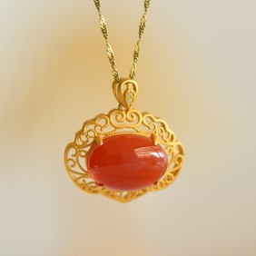 An Exquisite Sterling Silver-Gold Plated Inlaid Red Agate Necklace,Inlaid Diamond