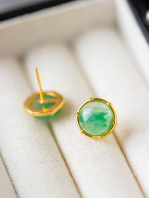 A Pair of Exquisite Sterling Silver-Gold Plated Inlaid Jadeite Earrings