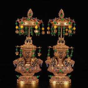 A Pair of Rare Cloisonne Gilt Sheep Tower Ornaments,Inlaid Gems