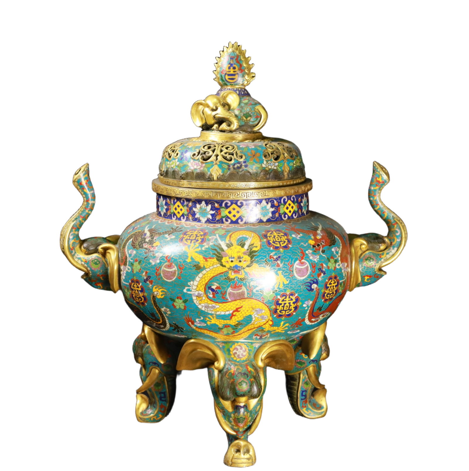 An Exquisite Cloisonne Auspicious Cloud and Dragon Pattern Double-Ears and Tripod Censer: An Exquisite Cloisonne Auspicious Cloud and Dragon Pattern Double-Ears and Tripod Censer,Ming Dynasty,China,Xuande Six-character Mark,Size:22inx18.5inx12.6in,Weight:15450g 景泰蓝