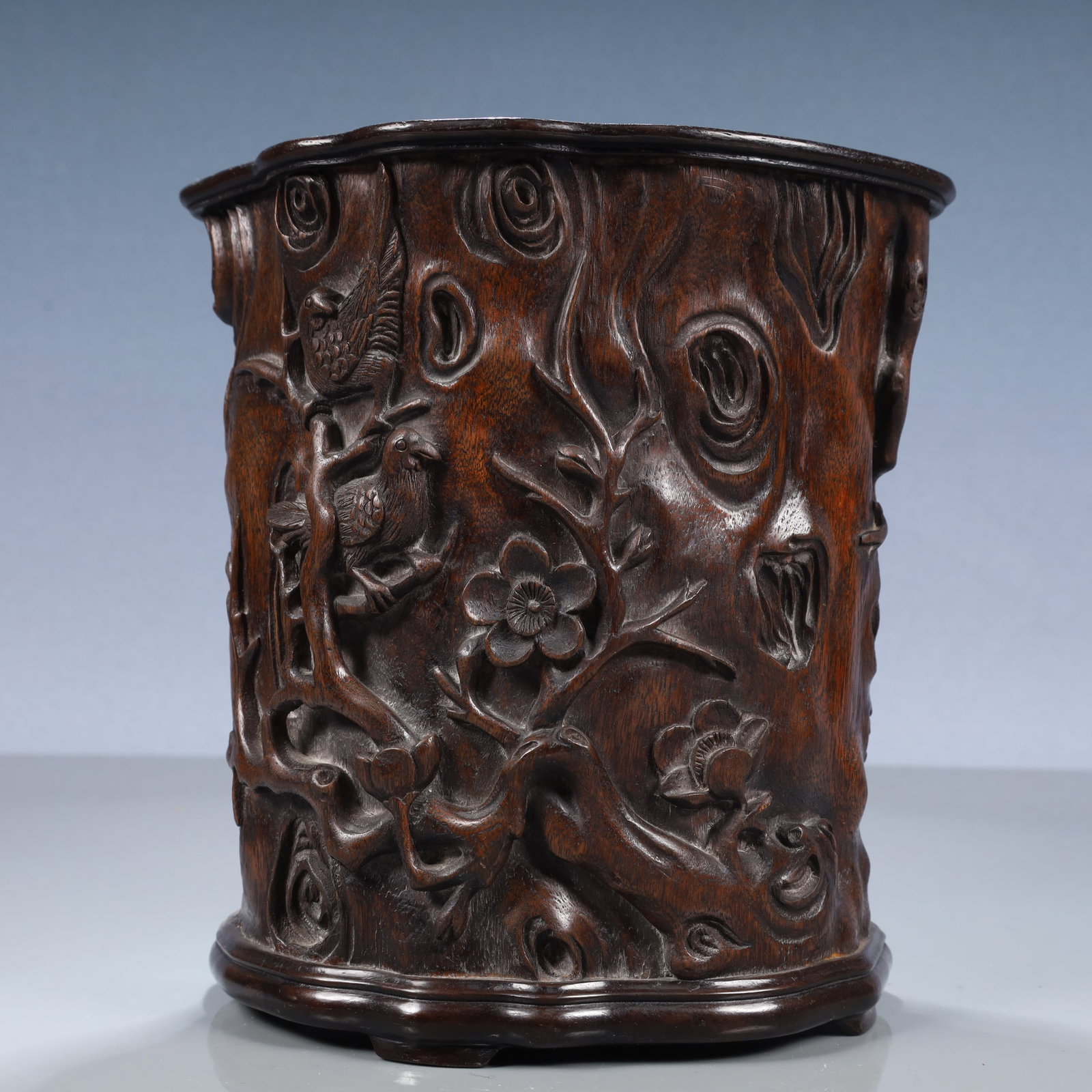 An Exquisite Zitanwood Flower and Bird Pattern Brush Pot: An Exquisite Zitanwood Flower and Bird Pattern Brush Pot,Qing Dynasty, China,Size:7.9inx7.1inx8.1in,Weight:950g 紫檀木花鸟纹笔筒,中国清