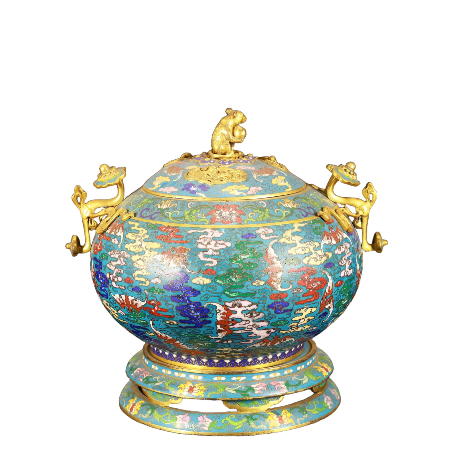 A Rare Cloisonne Bats Pattern Double-Ears Censer: A Rare Cloisonne Bats Pattern Double-Ears Censer,(A type of enamelware with metal wires separating colored glaze, originating in China),Qing Dynasty,China,Qianlong Four-character Mark,Size:11.8inx9.4i
