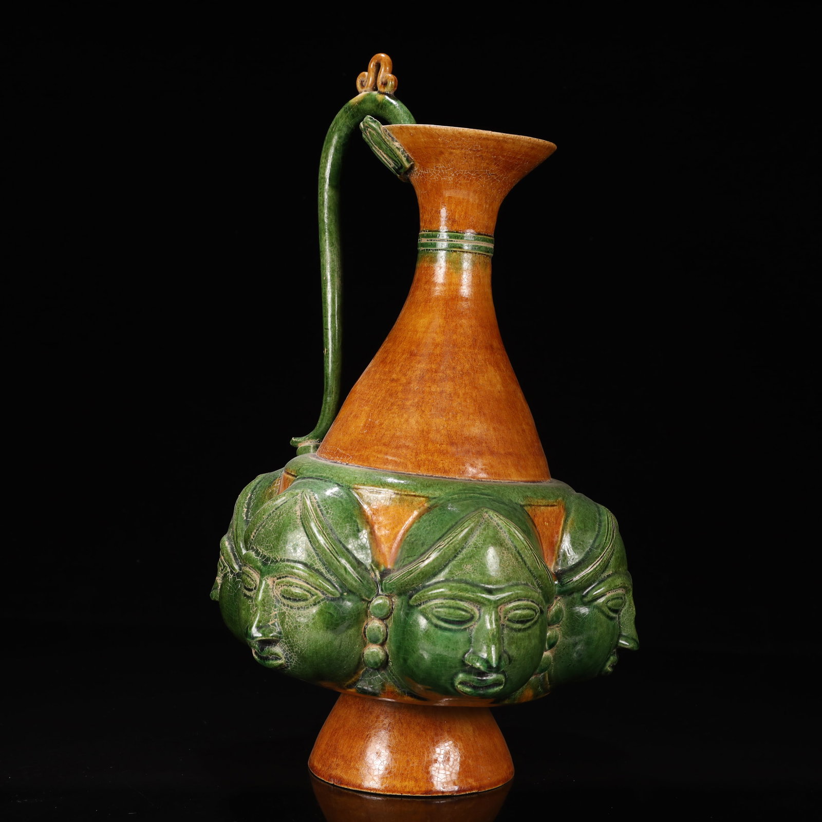 A Huge Tang Tri-Color Glazed Pottery Figure Pattern Ewer - 4
