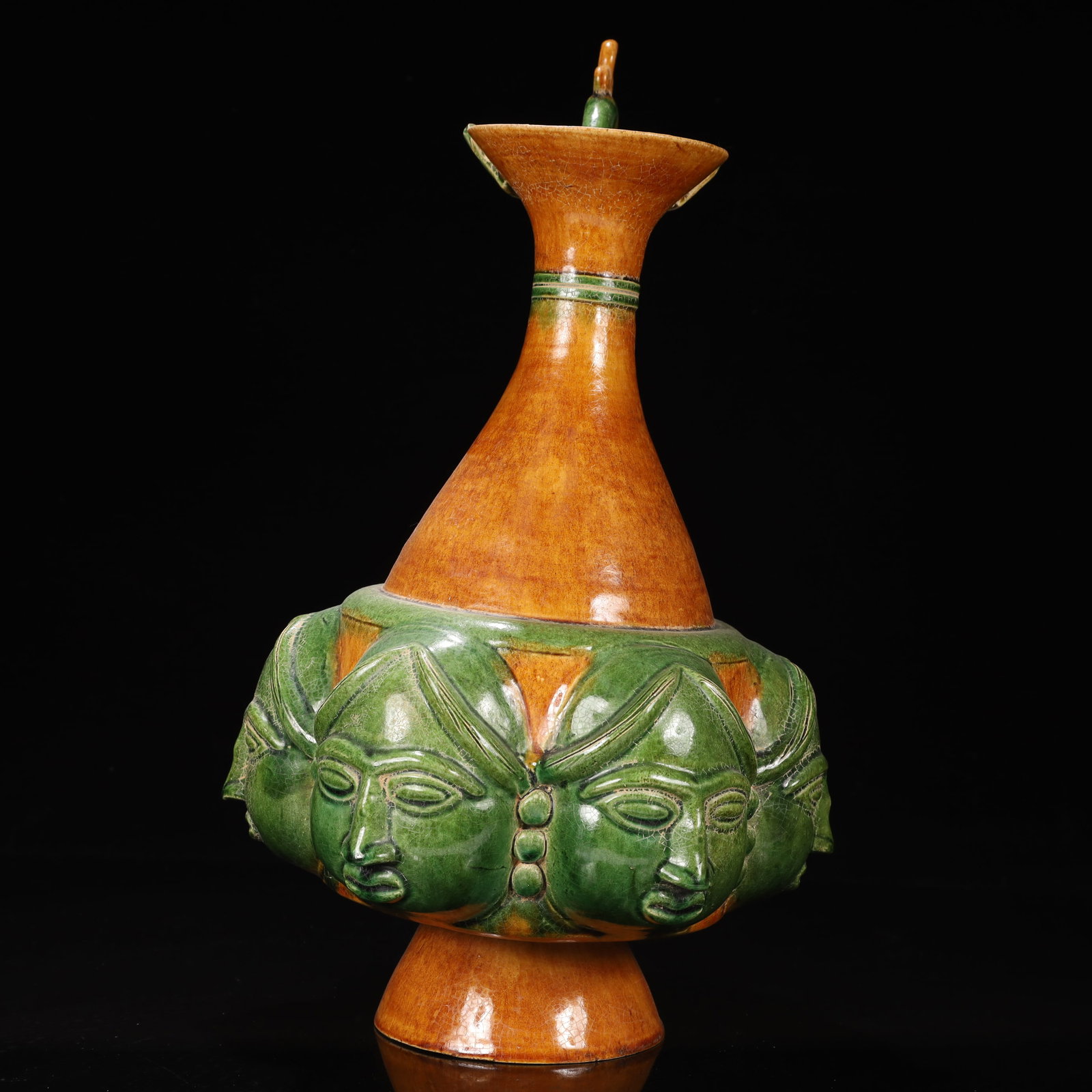 A Huge Tang Tri-Color Glazed Pottery Figure Pattern Ewer - 5