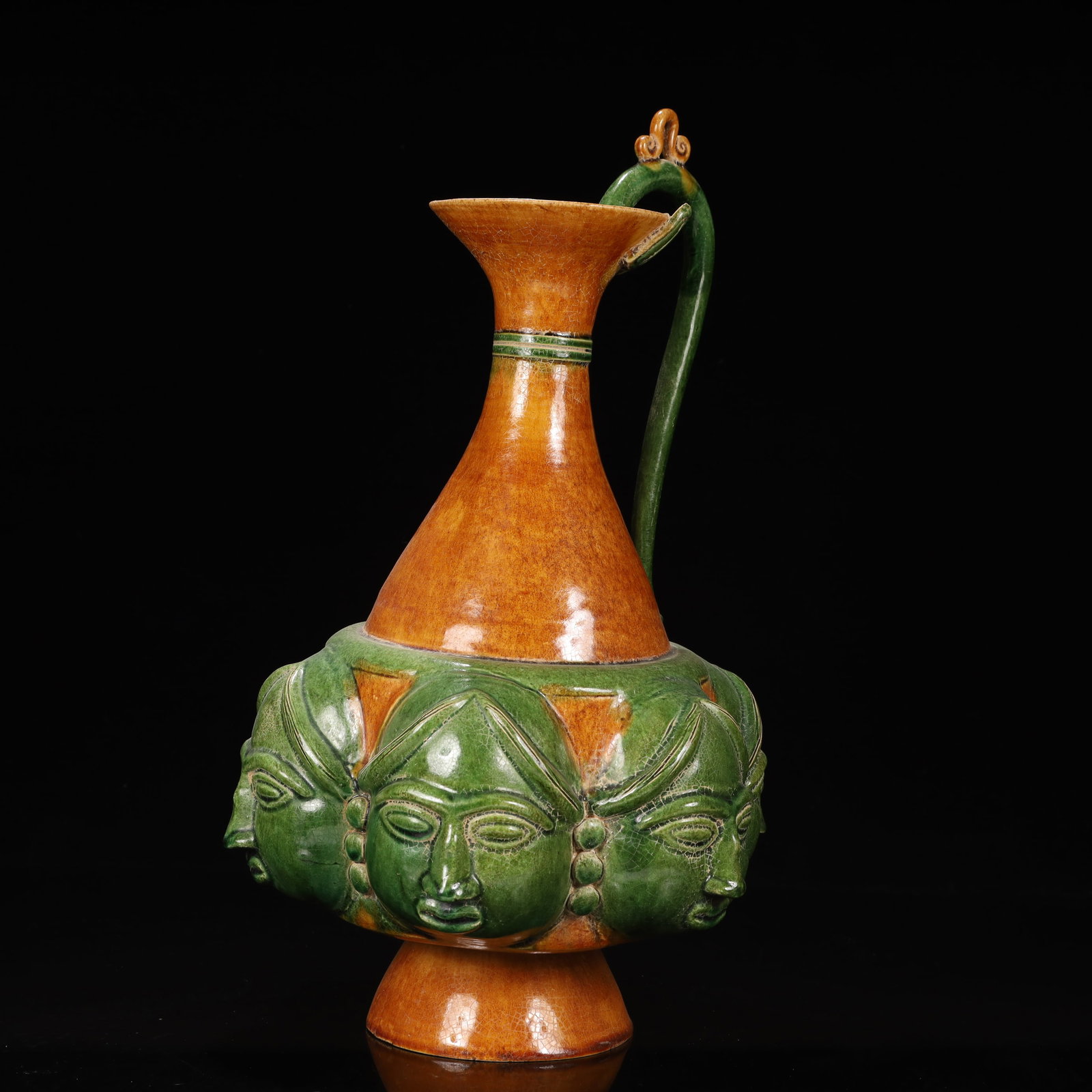 A Huge Tang Tri-Color Glazed Pottery Figure Pattern Ewer - 6