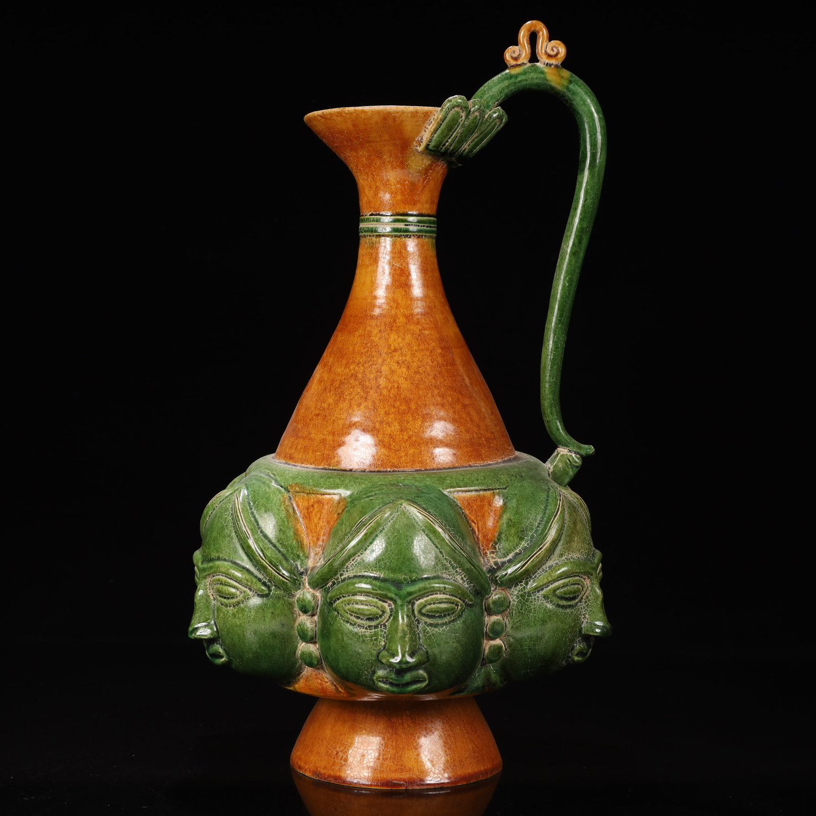 A Huge Tang Tri-Color Glazed Pottery Figure Pattern Ewer - 7