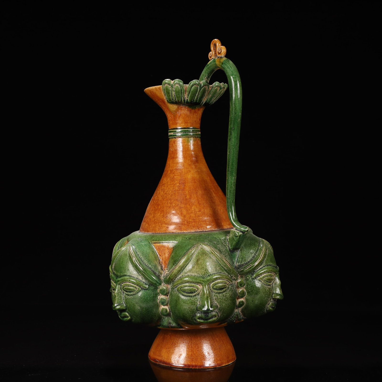 A Huge Tang Tri-Color Glazed Pottery Figure Pattern Ewer - 8