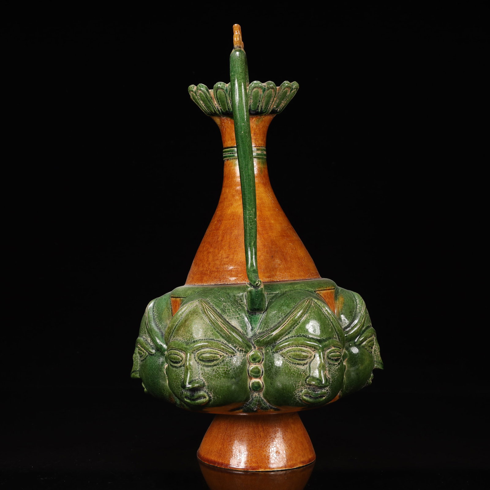 A Huge Tang Tri-Color Glazed Pottery Figure Pattern Ewer - 9