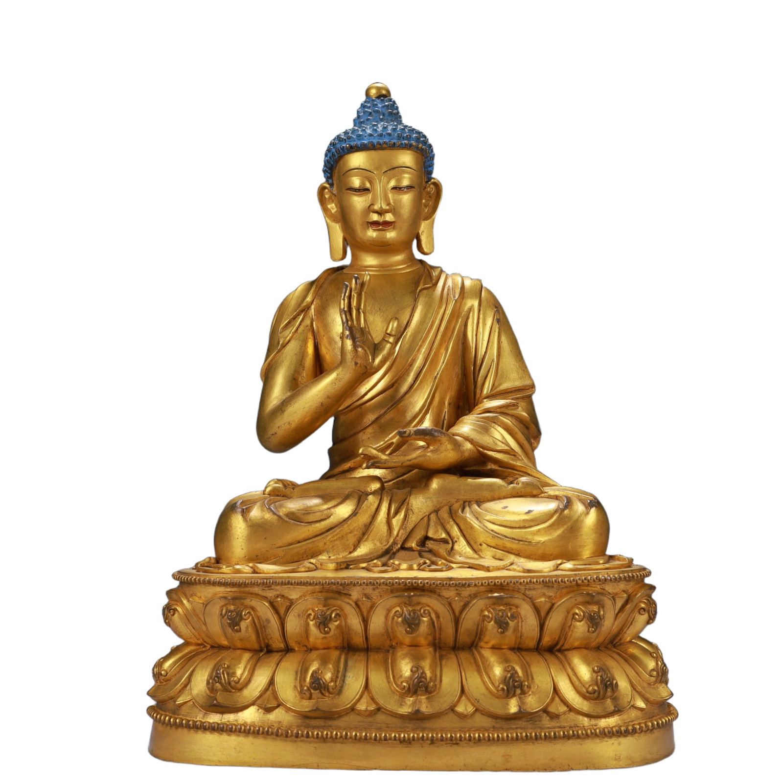 A Solemn Gilt Bronze Statue of Sakyamuni: A Solemn Gilt Bronze Statue of Sakyamuni,Qing Dynasty, China,Size:9.1inx5.9inx13.4in,Weight:5900g 铜鎏金如来像,中国清代