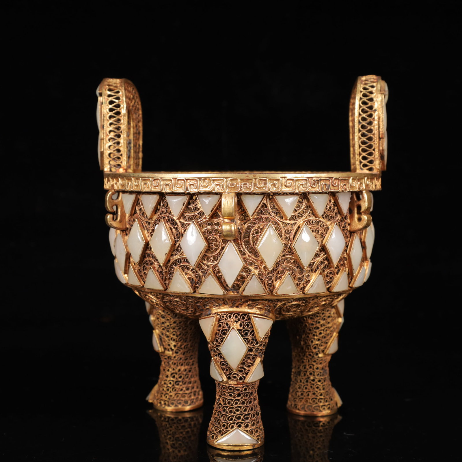 An Exquisite Gilt Bronze Inlaid White Jade Double-Ears and Tripod Censer: An Exquisite Gilt Bronze Inlaid White Jade Double-Ears and Tripod Censer,Qing Dynasty,China,Size:5.5inx6.9in,Weight:600g 铜鎏金嵌白玉双耳三足