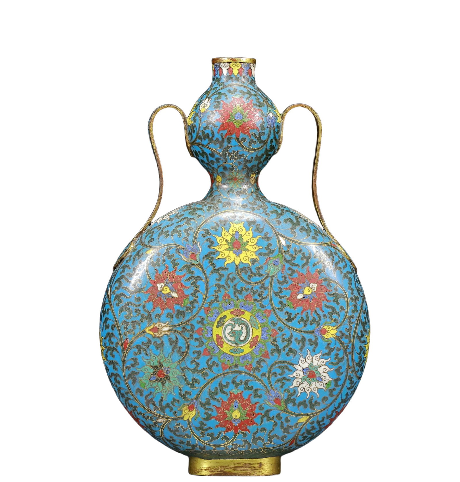 A Rare Cloisonne Lotus Pattern Double-Ears Vase: A Rare Cloisonne Lotus Pattern Double-Ears Vase,Ming Dynasty, China,Jingtai Six-character Mark,Size:8.7inx3.1inx14.2in,Weight:2215g 景泰蓝缠枝莲纹双 