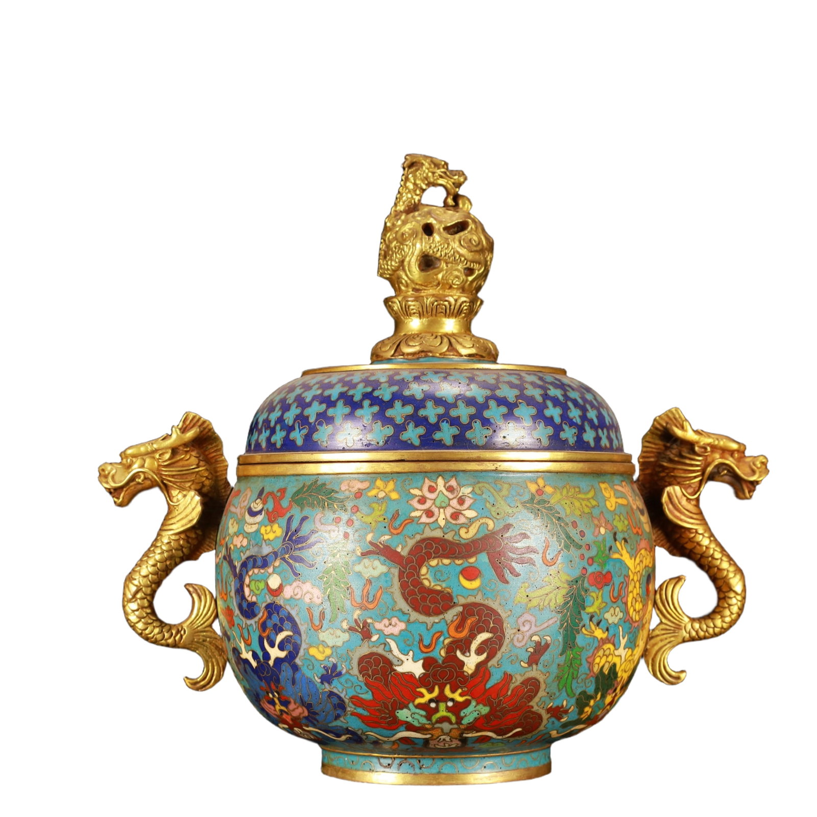 An Exquisite Cloisonne Lotus Dragon Pattern Double-Ears Censer: An Exquisite Cloisonne Lotus Dragon Pattern Double-Ears Censer,(A type of enamelware with metal wires separating colored glaze, originating in China),Ming Dynasty,China,Xuande Six-character Mark,Size: