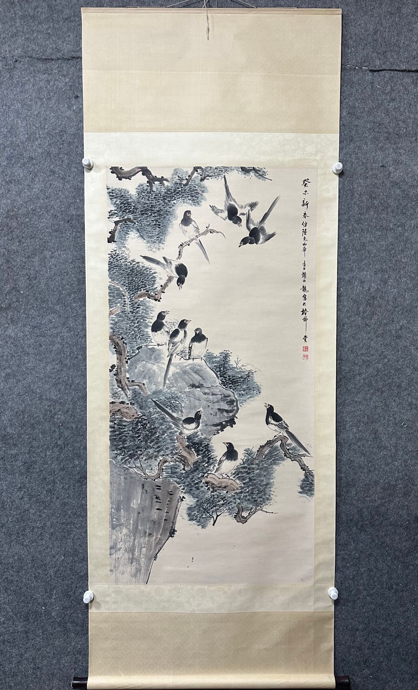 A Chinese Vertical Scroll Ink Painting of Bird on Paper,Yan Bolong: A Chinese Vertical Scroll Ink Painting of Bird on Paper,Yan Bolong,Size:(Without frame)26.8inx53.9in 一幅中国水墨鸟图立轴,颜伯&#