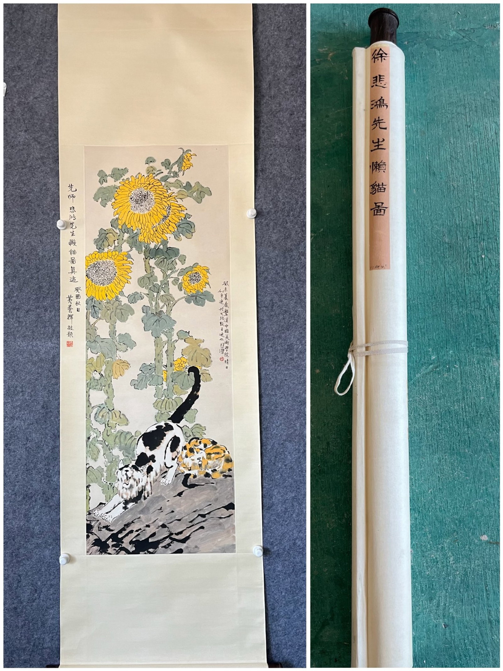 A Chinese Vertical Scroll Ink Painting of Cat on Paper: A Chinese Vertical Scroll Ink Painting of Cat on Paper,Xu Beihong,Size:19.7inx54.3in 一幅中国水墨猫画立轴,徐悲鸿