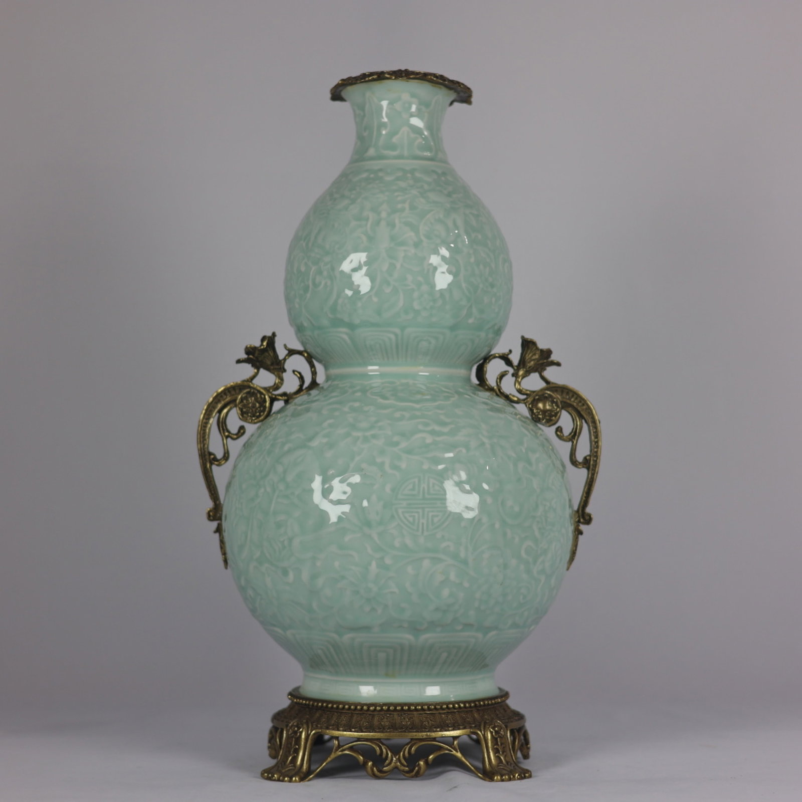 A Huge Celadon Glazed Inlaid Bronze Lotus Pattern Gourd-Shaped Vase: A Huge Celadon Glazed Inlaid Bronze Lotus Pattern Gourd-Shaped Vase,Qing Dynasty,China,Qianlong Six-character Mark,Size:18.9inx10.6in