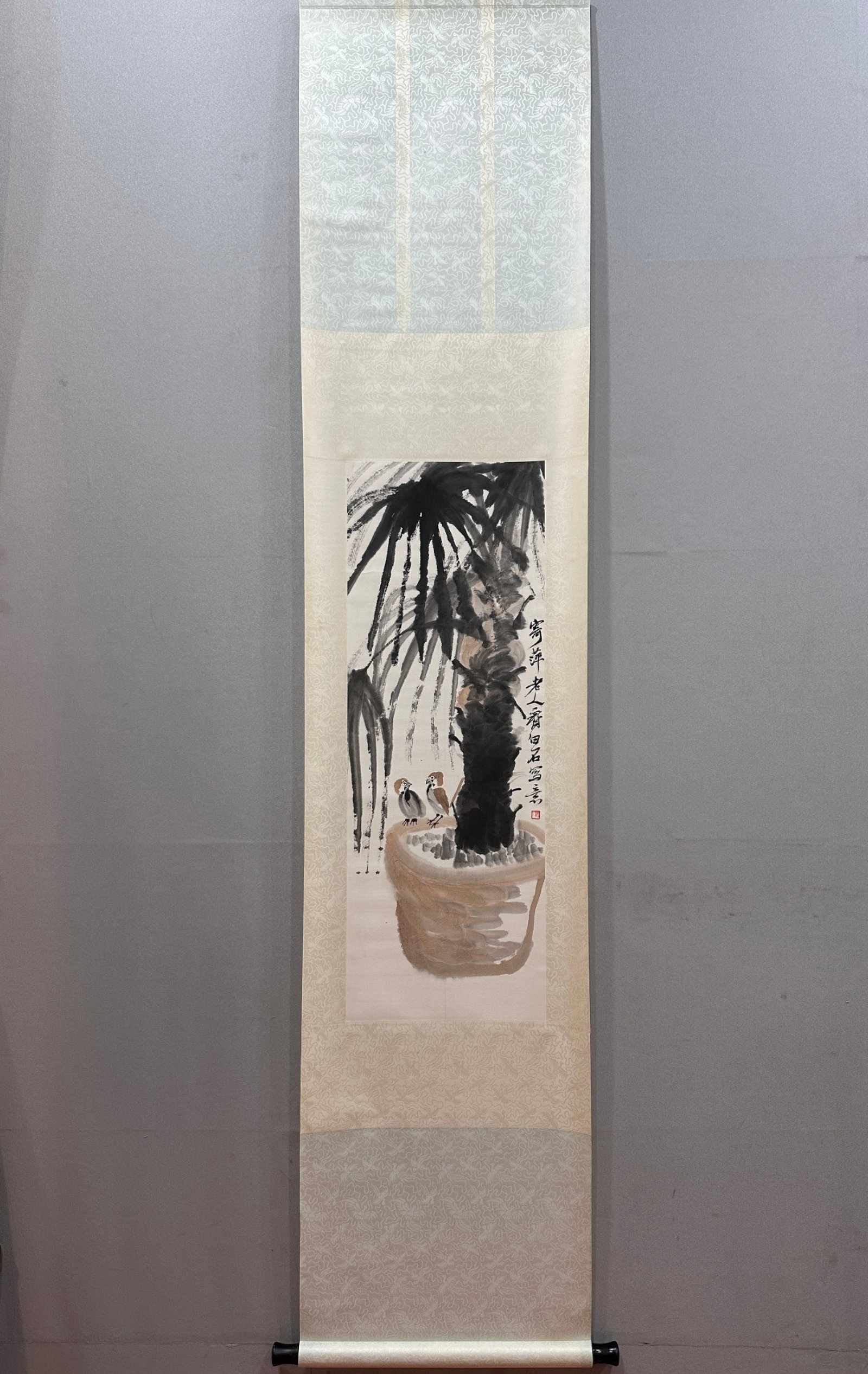 A Chinese Vertical Scroll Ink Painting of Flower and Bird on Paper: A Chinese Vertical Scroll Ink Painting of Flower and Bird on Paper,Qi Baishi,Size:13.8inx38.2in 一幅中国水墨花鸟画立轴,齐白