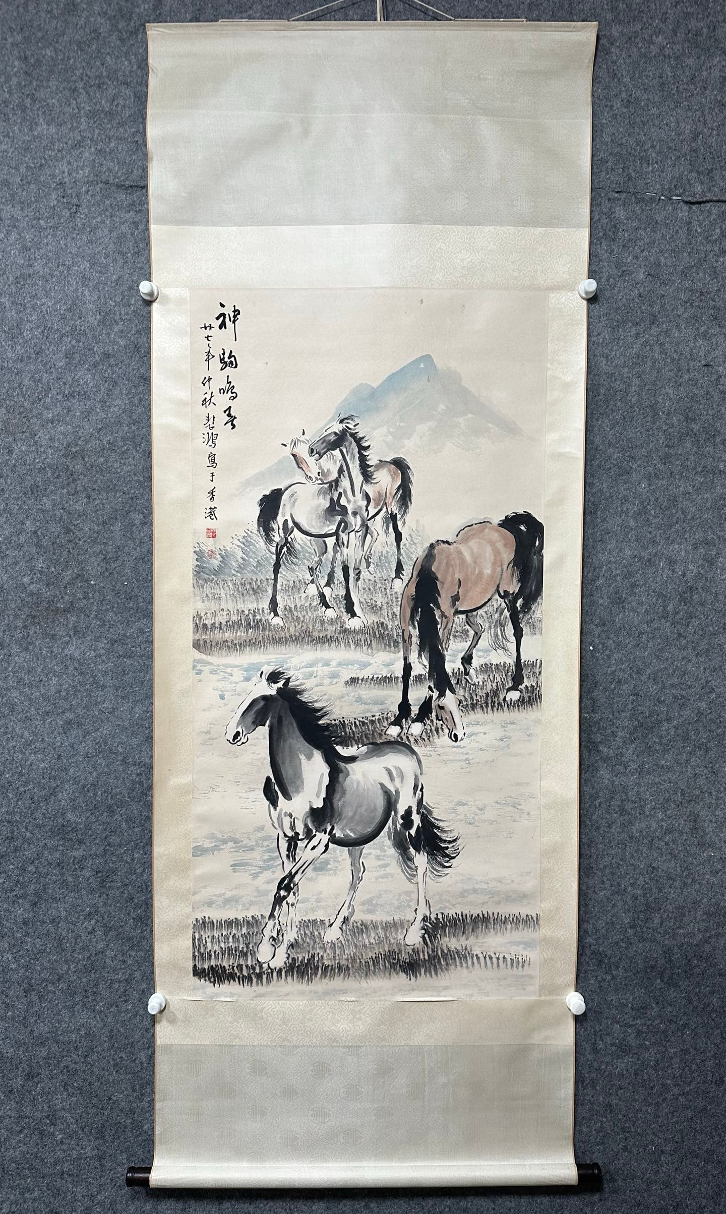 A Chinese Vertical Scroll Ink Painting of Horse on Paper,Xu Beihong: A Chinese Vertical Scroll Ink Painting of Horse on Paper,Xu Beihong,Size:(Without frame)26.6inx53.5in 一幅中国水墨骏马图立轴,徐&