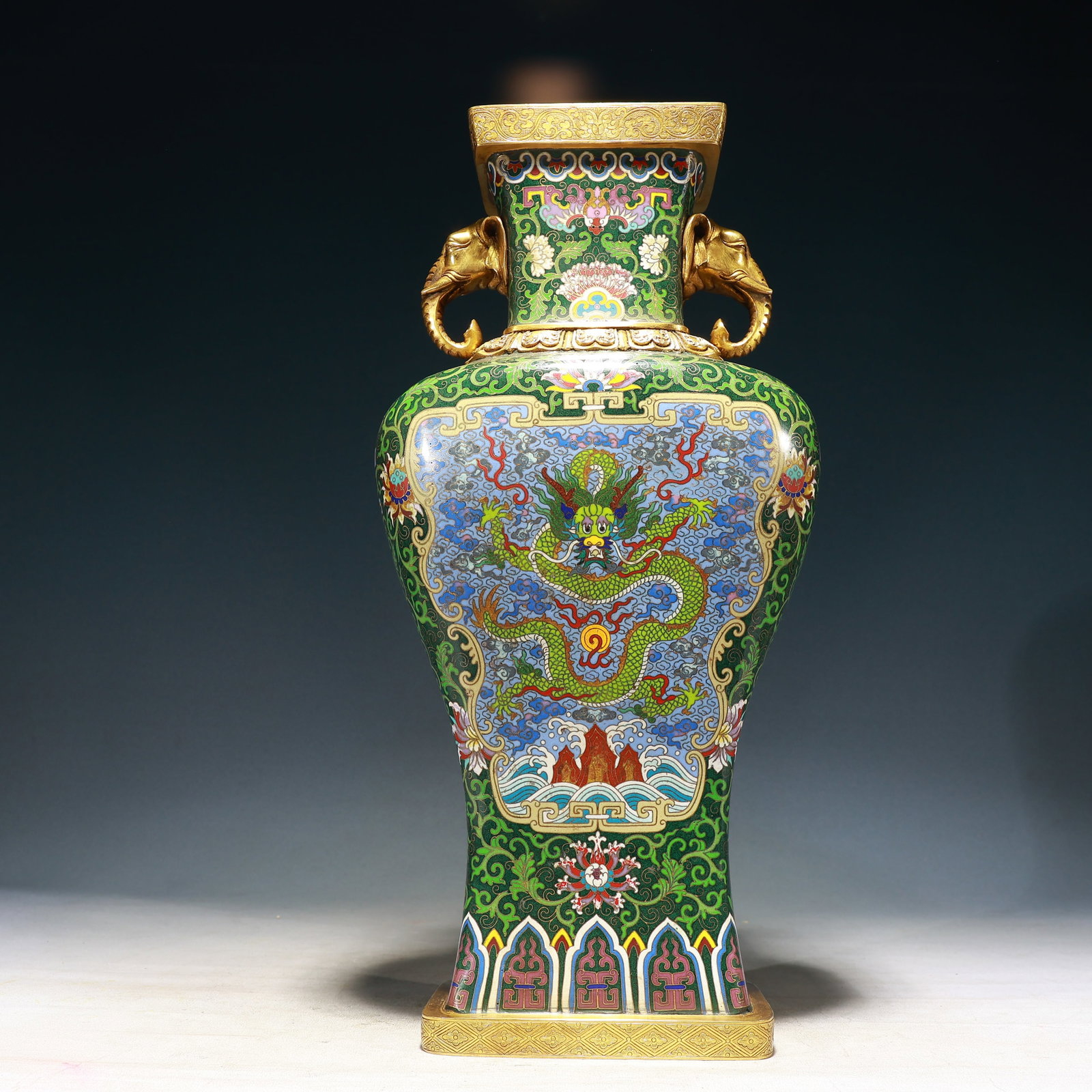 A Huge Cloisonne Lotus,Auspicious Cloud and Dragon Pattern Elephant-Ears Vase: A Huge Cloisonne Lotus,Auspicious Cloud and Dragon Pattern Elephant-Ears Vase,Qing Dynasty, China,Qianlong Six-character Mark,Size:8.7inx5.5inx18.9in,Weight:7750g 景泰蓝缠ĉ