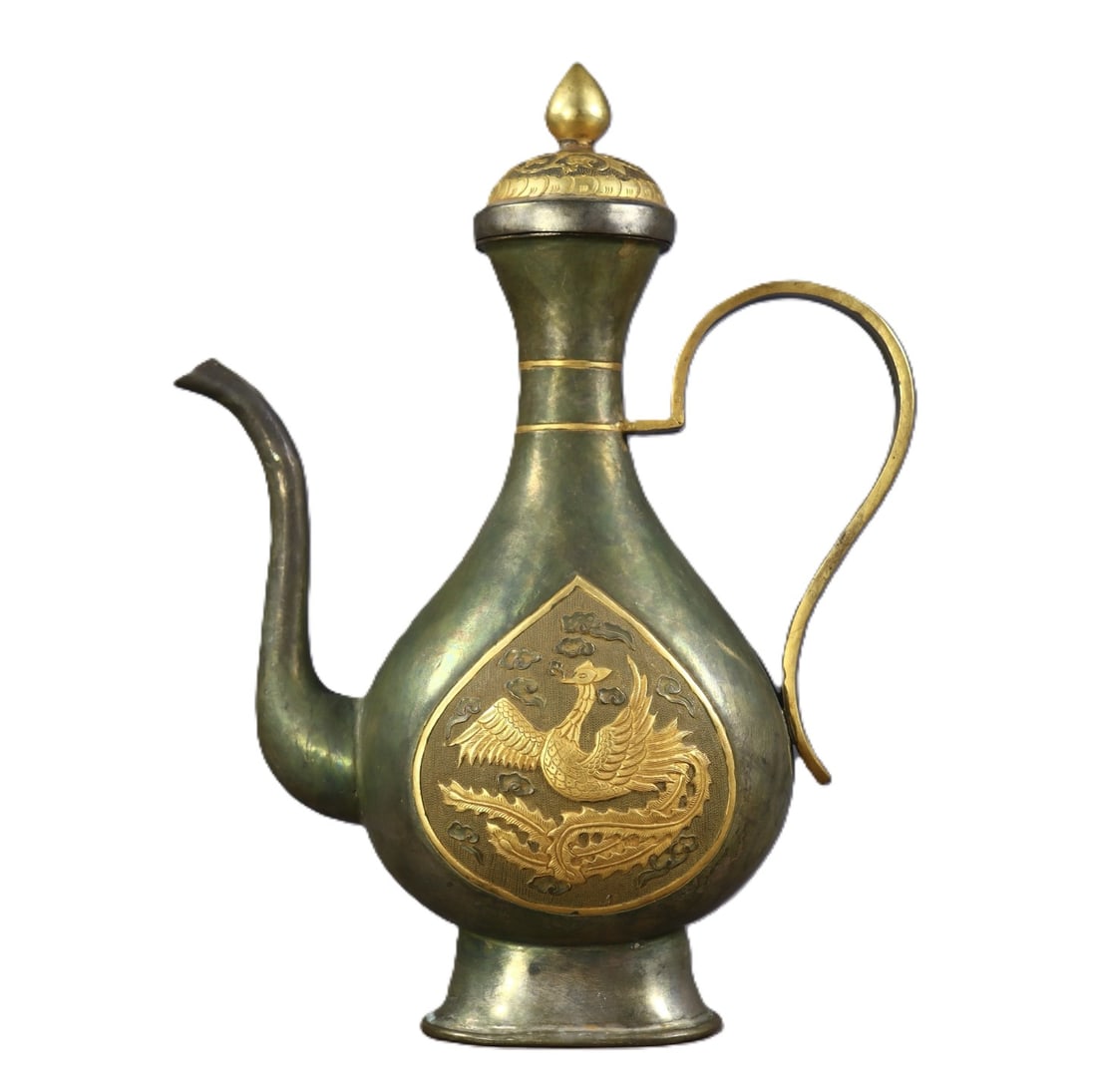 An Exquisite Gilt Bronze Auspicious Cloud and Phoenix Pattern Ewer: An Exquisite Gilt Bronze Auspicious Cloud and Phoenix Pattern Ewer,Qing Dynasty,China,With Mark,Size:10.6inx7.9inx3in,Weight:674g 铜鎏金祥云凤纹执ࣥ