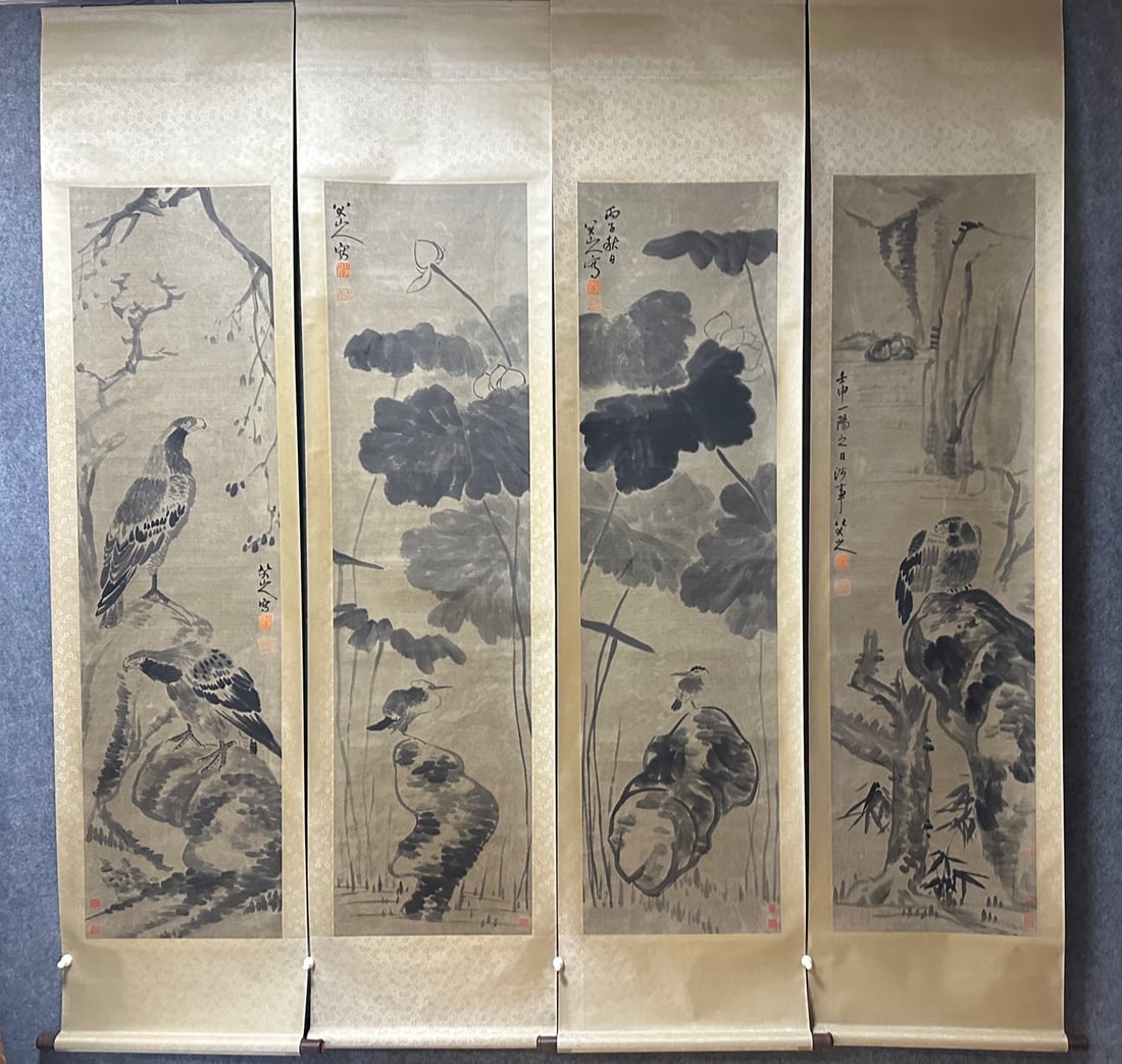 A Set of Chinese Vertical Scroll Ink Painting of Flower and Bird on Paper: A Set of Chinese Vertical Scroll Ink Painting of Flower and Bird on Paper,Size:70.5inx18.5in*4 一套中国水墨花鸟画立轴