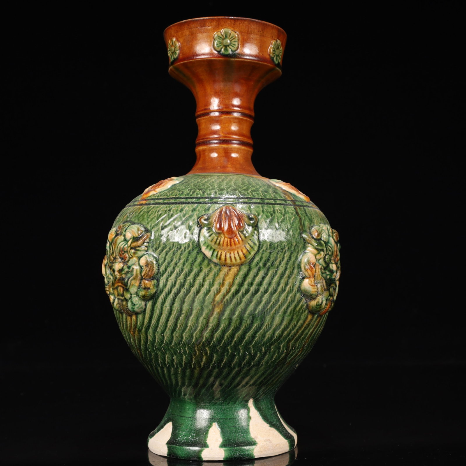 An Exquisite Tang Tri-Color Glazed Pottery Beast-Face Pattern Vase (1 of 11)
