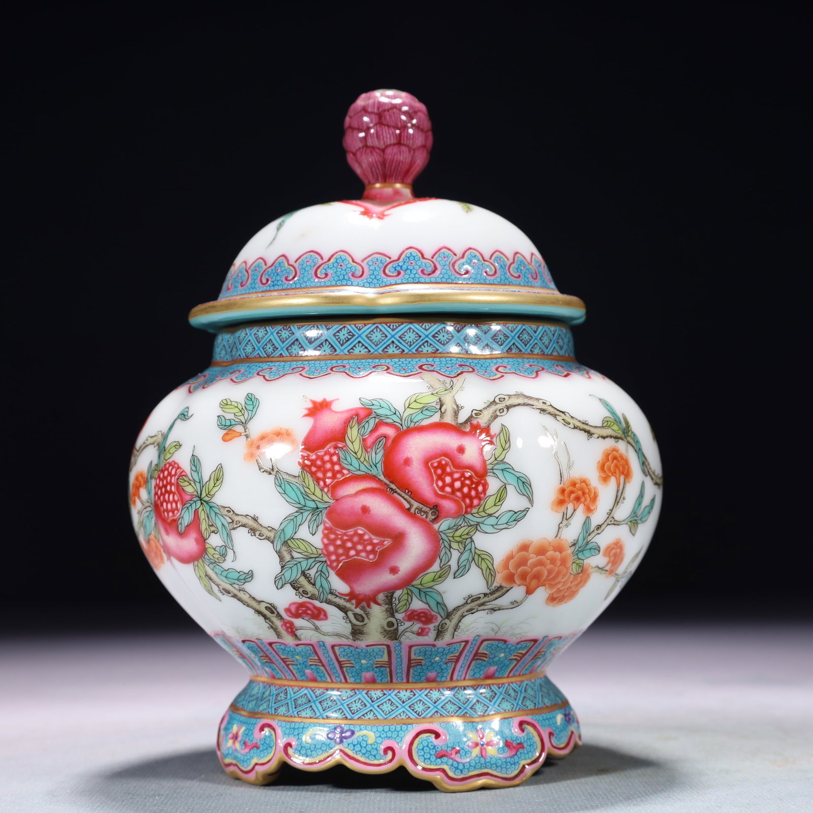 An Exquisite Famille-Rose Flower and Fruit Pattern Jar with Cover (1 of 8)