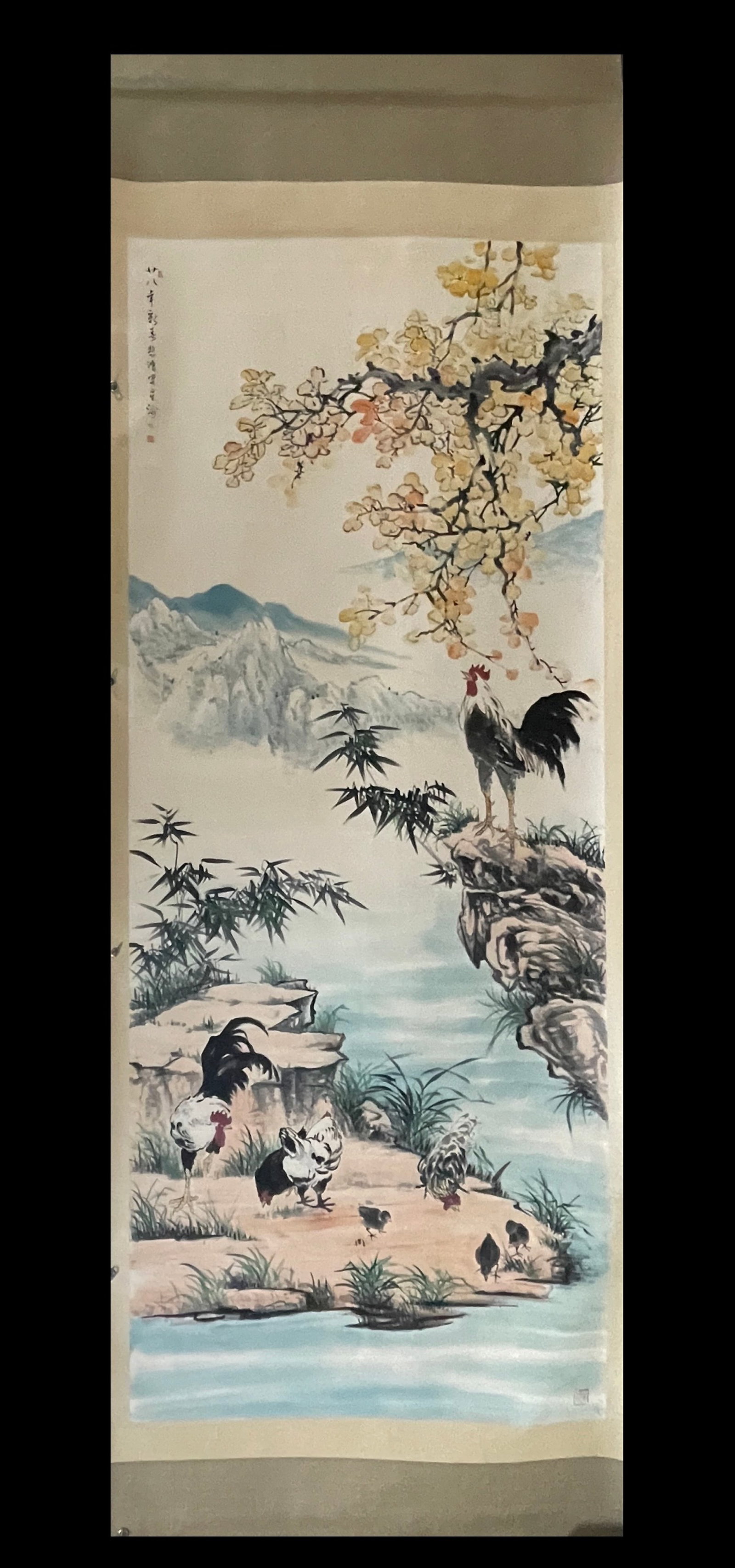 A Chinese Vertical Scroll Ink Painting of Flower and Rooster on Paper: A Chinese Vertical Scroll Ink Painting of Flower and Rooster on Paper,Xu Beihong,Size:55.1inx141.7in 一幅中国水墨花卉鸡画立轴,&#