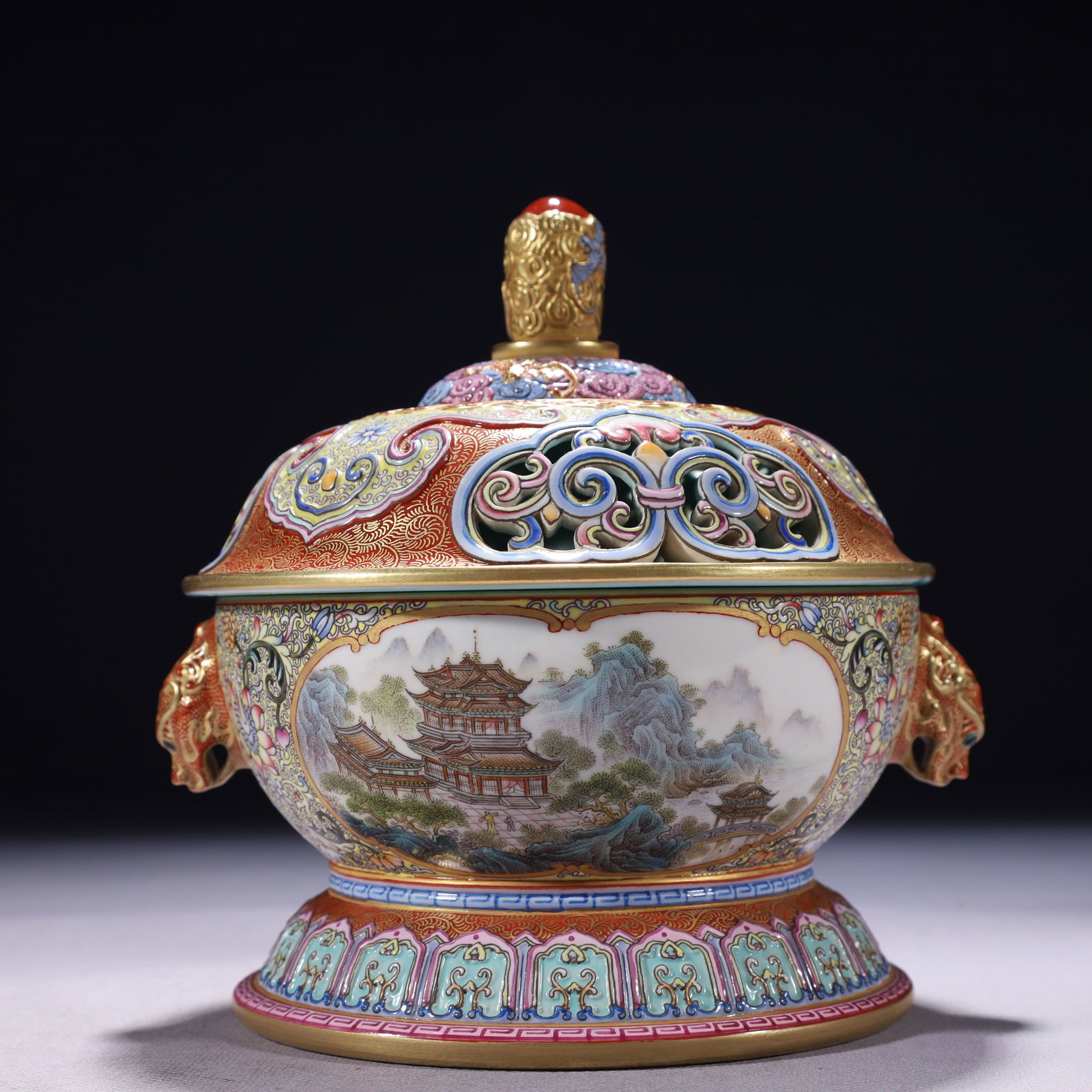 An Exquisite Famille-Rose Painted Gold Landscape Pattern Beast-Ears Censer: An Exquisite Famille-Rose Painted Gold Landscape Pattern Beast-Ears Censer,Qing Dynasty,China,Qianlong Six-character Mark,Size:6.3inx7.5in,Weight:1150g