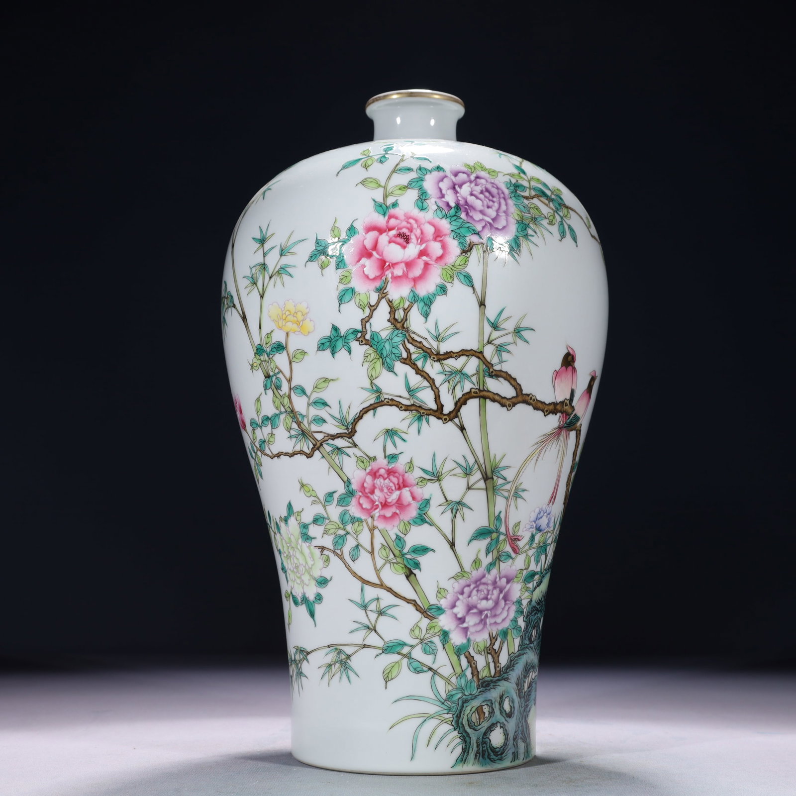 An Exquisite Famille-Rose Flower and Bird Pattern Vase,with poem: An Exquisite Famille-Rose Flower and Bird Pattern Vase,with poem,Qing Dynasty,China,Yongzheng Six-character Mark,Size:7.1inx13.4in,Weight:2150g 粉彩花鸟纹瓶,带